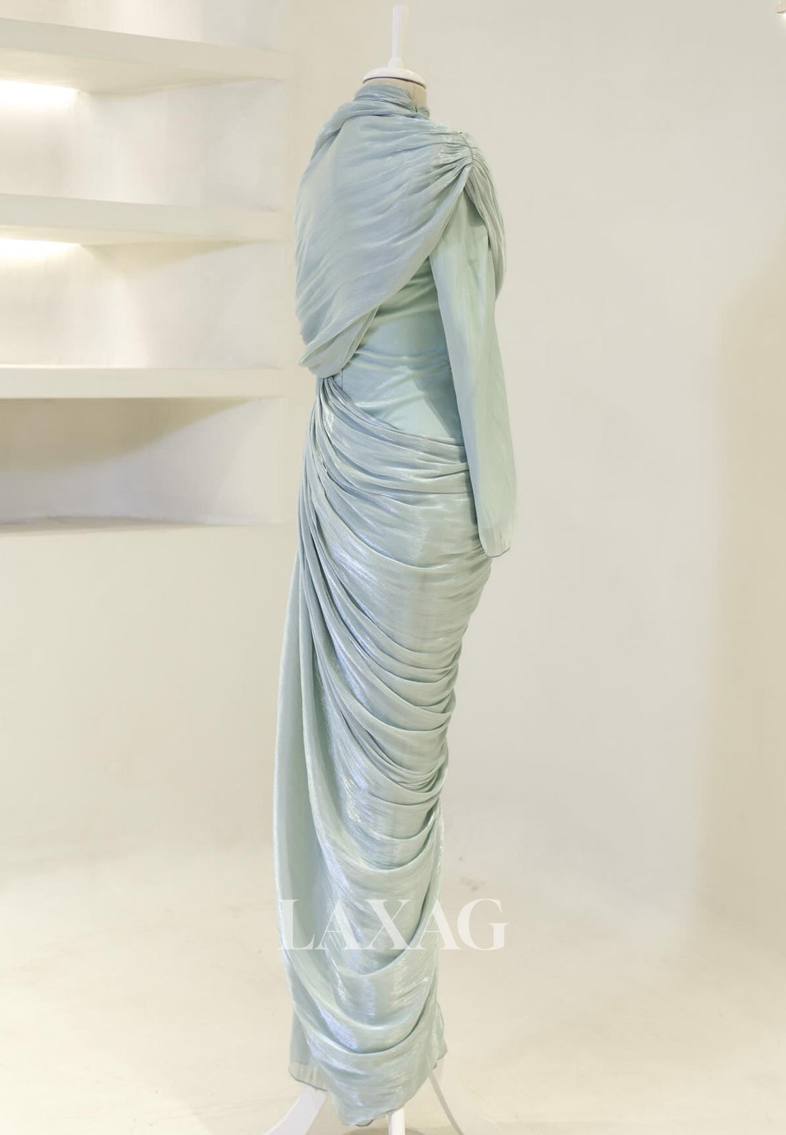 Scoop-Neck Long-Sleeves Rhinestone Beaded Chiffon Pleated Floor-Length Mermaid Evening Dress