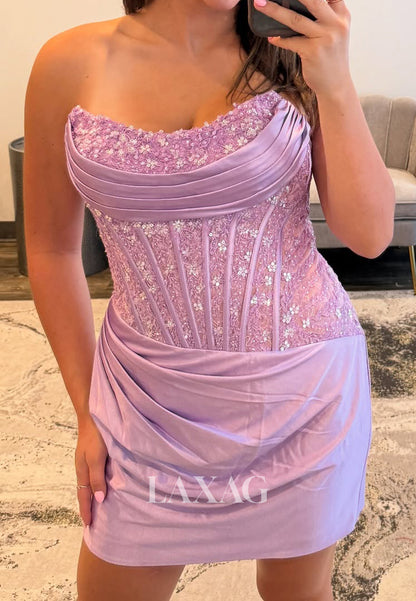 Scoop-Neck Sleeveless Applique Sequined Pleated Satin Mermaid Party Homecoming Dress