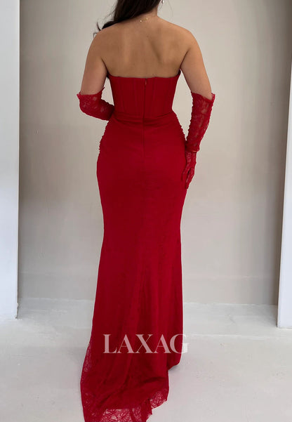 Off-Shoulder Pleated Allover Lace Formal Gowns Tube Top Sleeveless Beaded Mermaid Evening Dress