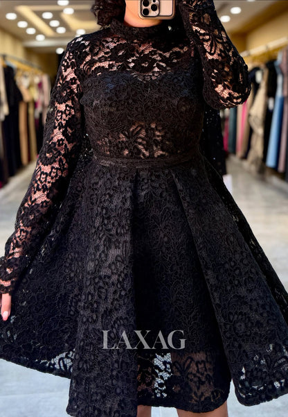 High-Neck Long-Sleeves Allover Lace Pleated Party Short A-Line Party Homecoming Dress