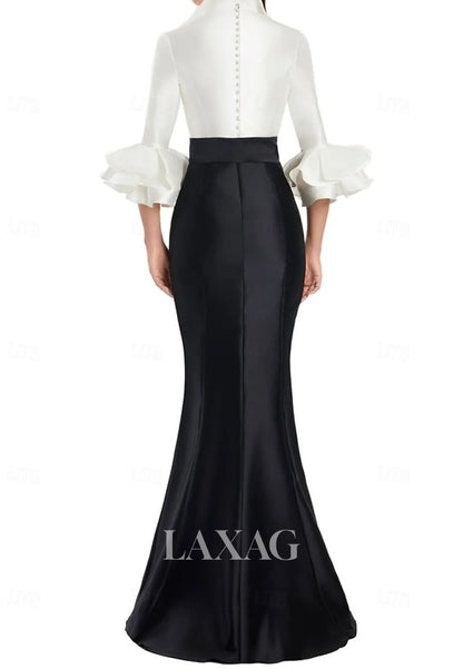 V-Neck Half-Sleeves Trumpet Mermaid Evening Dress Pleated Satin Floor-Length Formal Gowns