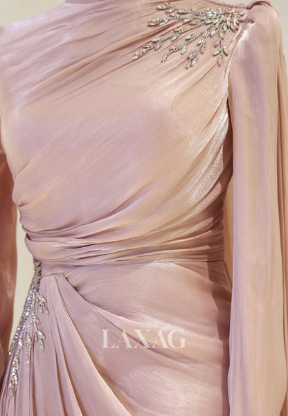 High-Neck Long-Sleeves Rhinestone Beaded Chiffon Pleated Floor-Length Fitted Evening Dress