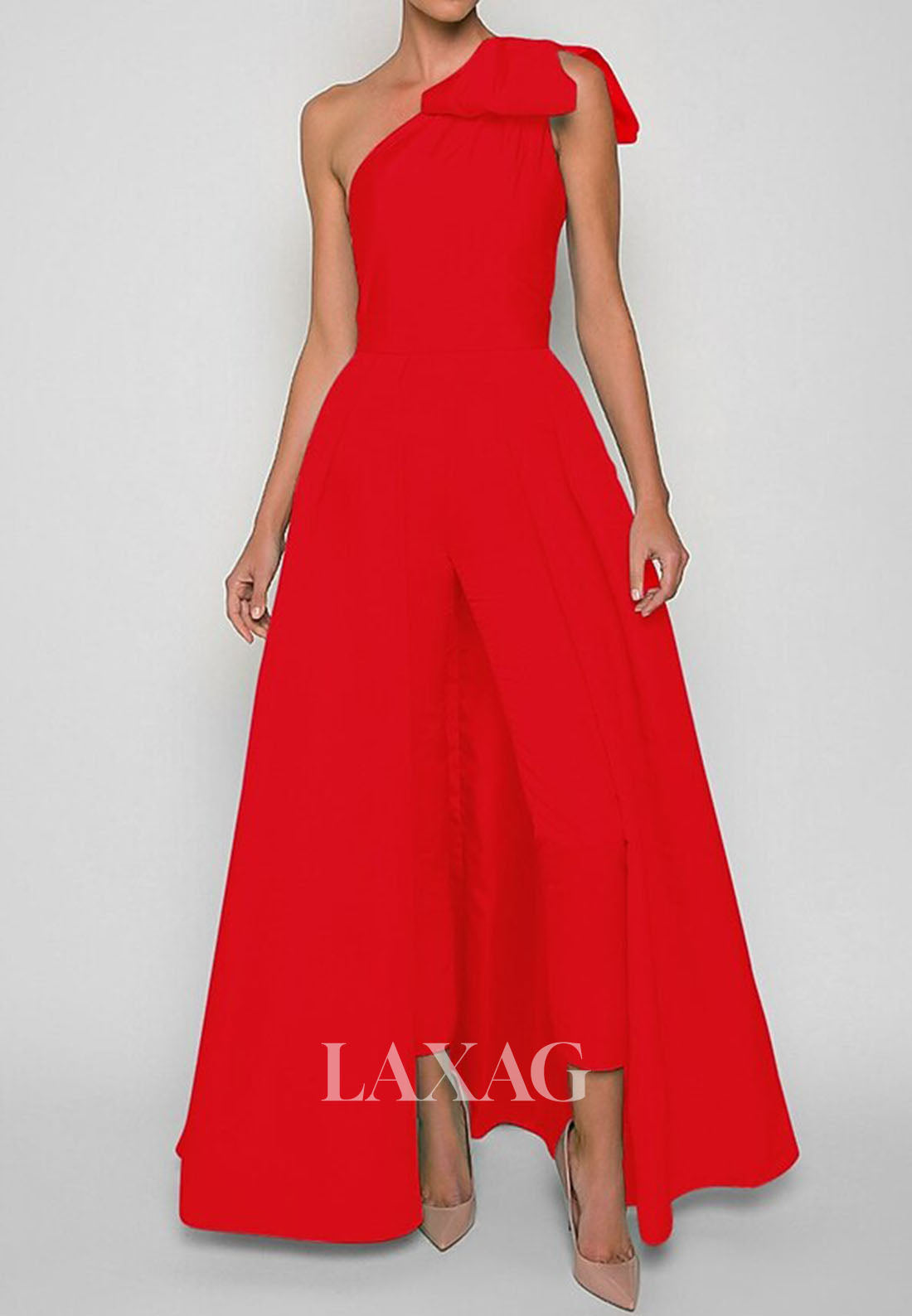 Asymmetrical-Neck One-Strap Sleeveless Satin Pleated Jumpsuit with Detachable Overskirt