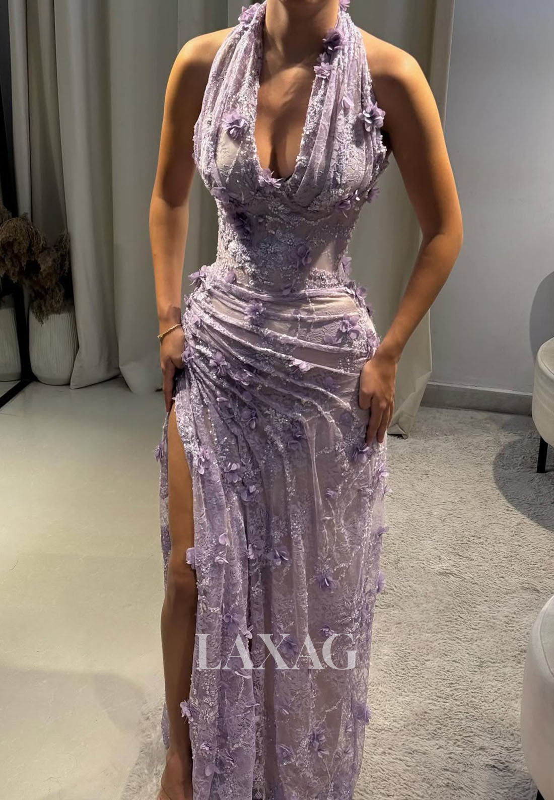 Halter V-Neck Sleeveless Floral Embellished Sequined Beaded Allover Lace Mermaid Prom Dress