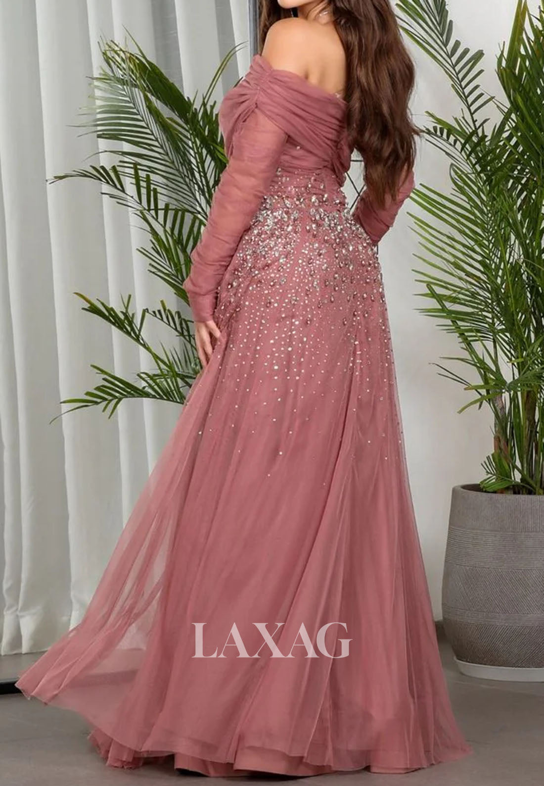 Asymmetrical-Neck Long-Sleeves A-Line Evening Dress Rhinestone Beaded Pleated Tulle Formal Gowns