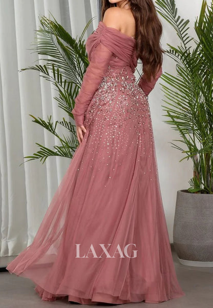 Asymmetrical-Neck Long-Sleeves A-Line Evening Dress Rhinestone Beaded Pleated Tulle Formal Gowns