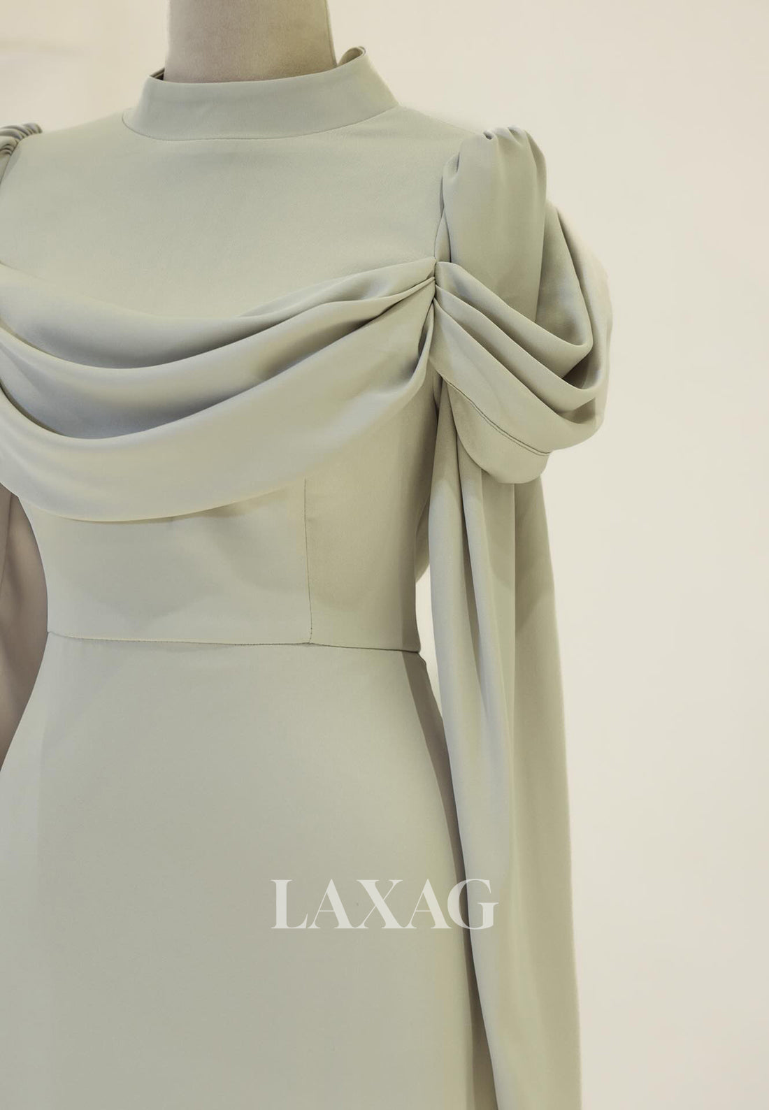 High-Neck Long-Sleeves Satin Pleated Floor-Length Simple Fitted Evening Dress