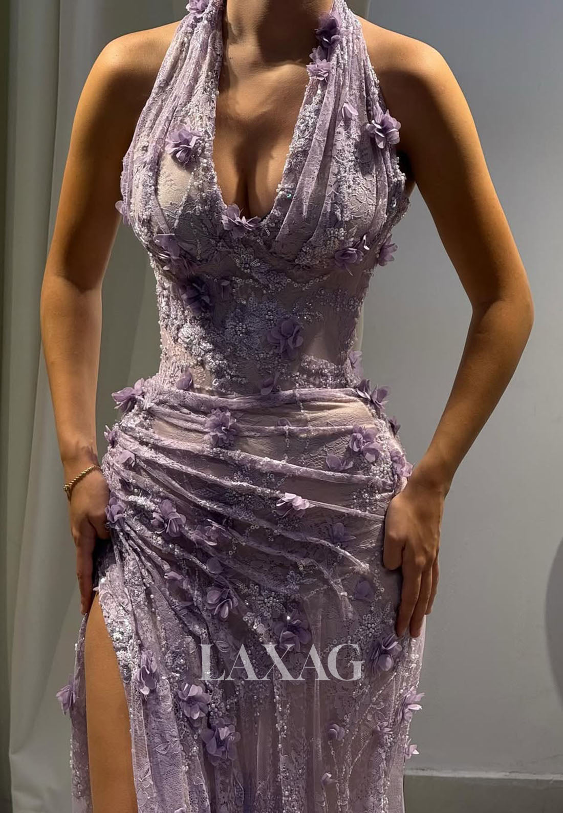 Halter V-Neck Sleeveless Floral Embellished Sequined Beaded Allover Lace Mermaid Prom Dress