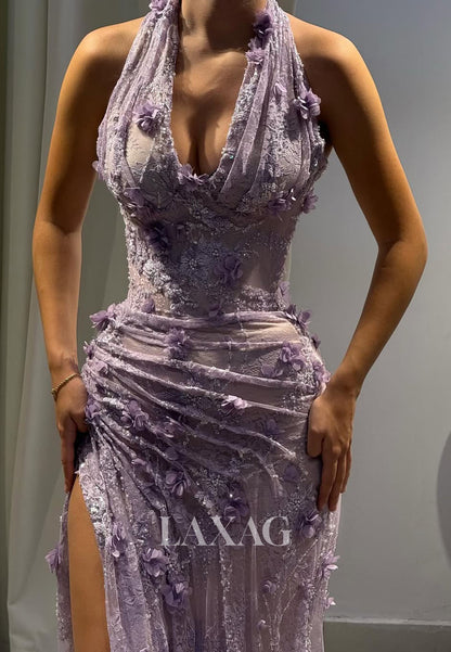 Halter V-Neck Sleeveless Floral Embellished Sequined Beaded Allover Lace Mermaid Prom Dress