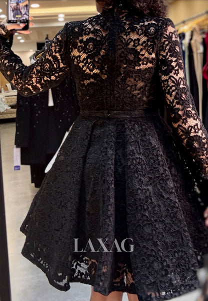 High-Neck Long-Sleeves Allover Lace Pleated Party Short A-Line Party Homecoming Dress