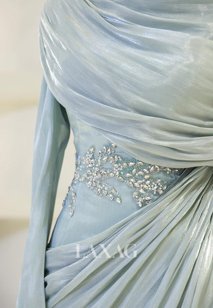 Scoop-Neck Long-Sleeves Rhinestone Beaded Chiffon Pleated Floor-Length Mermaid Evening Dress