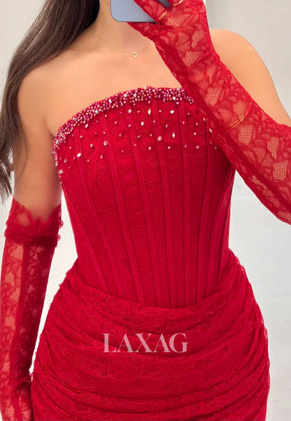 Off-Shoulder Pleated Allover Lace Formal Gowns Tube Top Sleeveless Beaded Mermaid Evening Dress