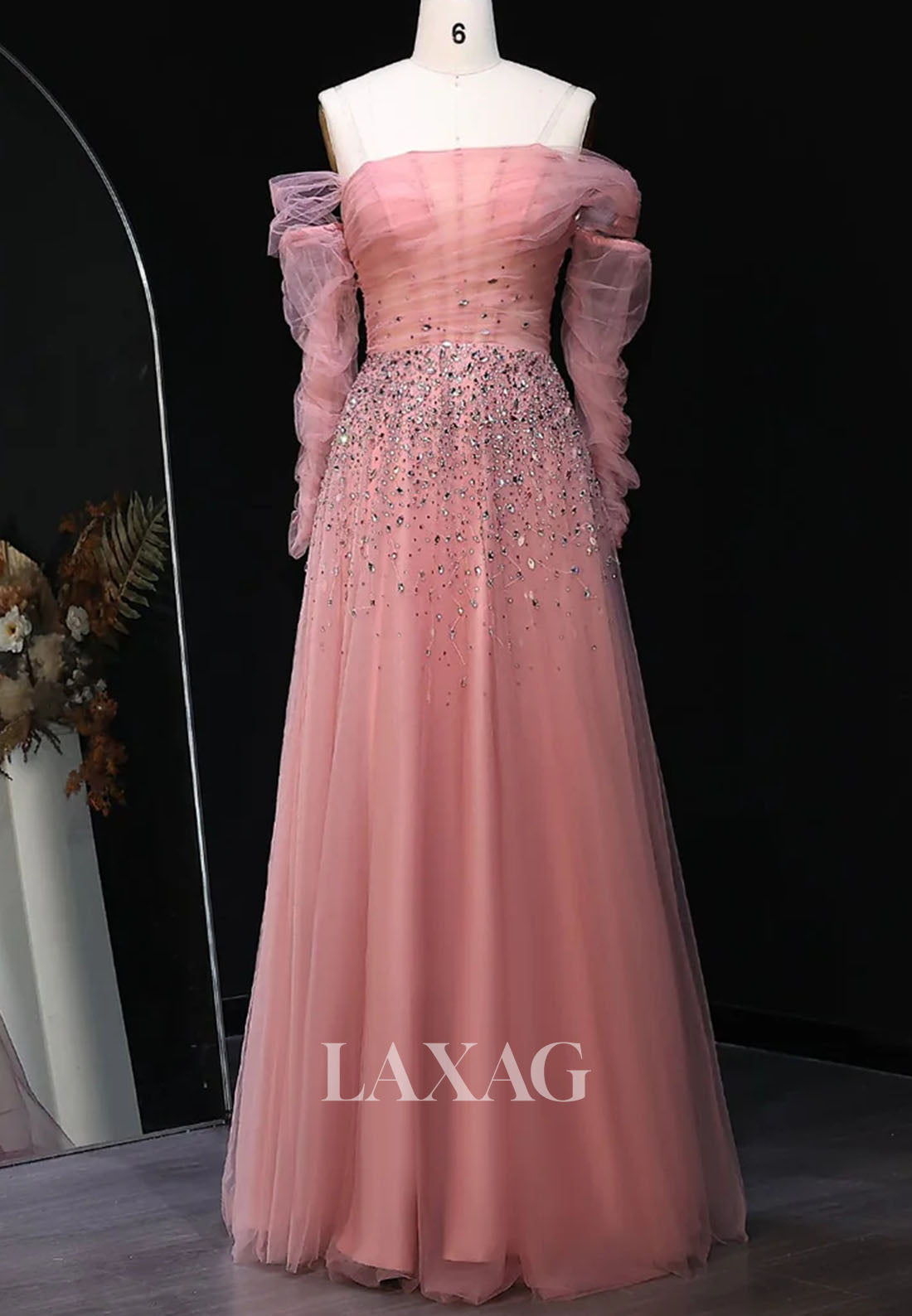 Asymmetrical-Neck Long-Sleeves A-Line Evening Dress Rhinestone Beaded Pleated Tulle Formal Gowns