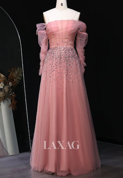 Asymmetrical-Neck Long-Sleeves A-Line Evening Dress Rhinestone Beaded Pleated Tulle Formal Gowns