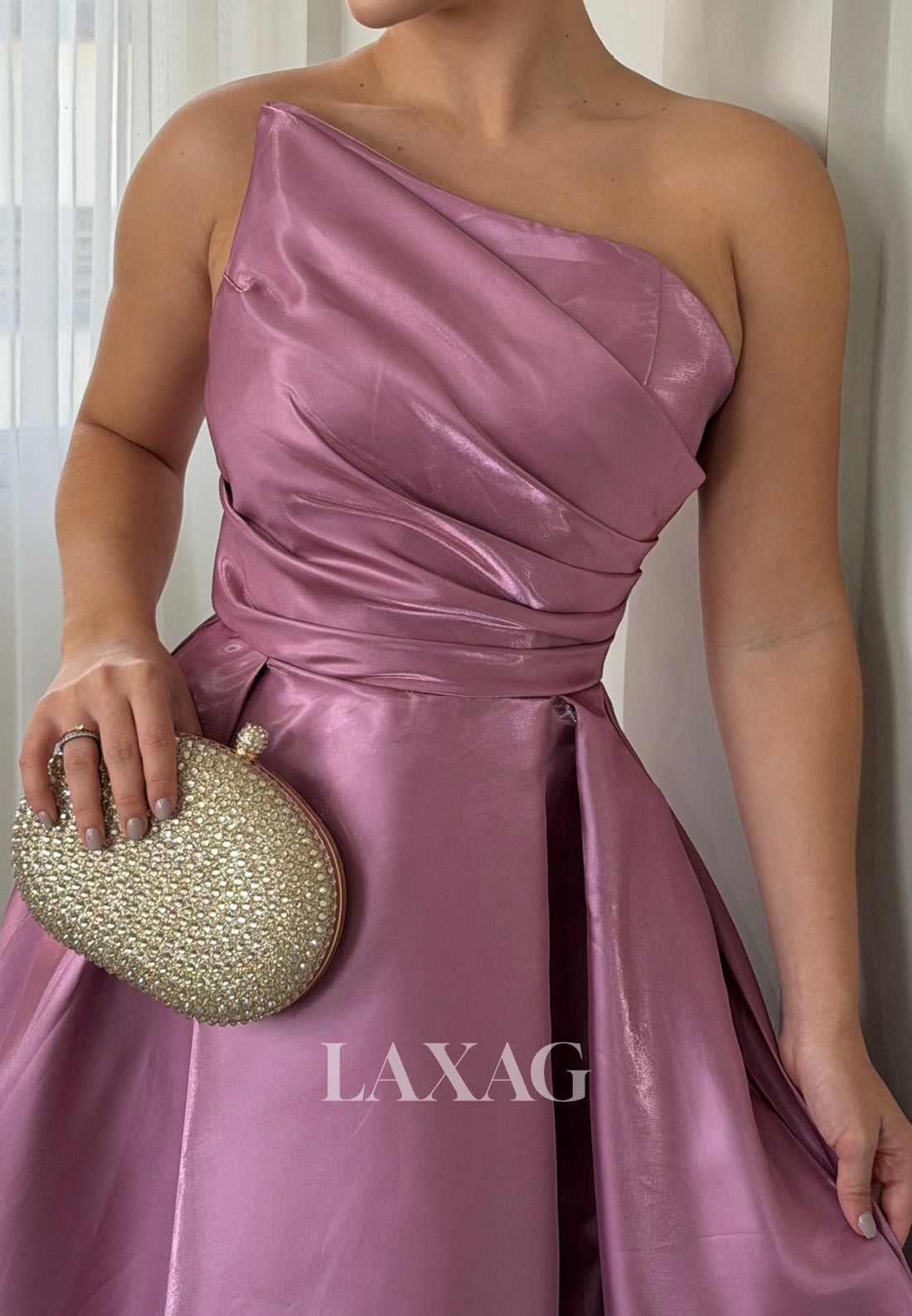 Asymmetrical-Neck Off-Shoulder Sleeveless Satin Pleated Floor-Length Mermaid Evening Dress