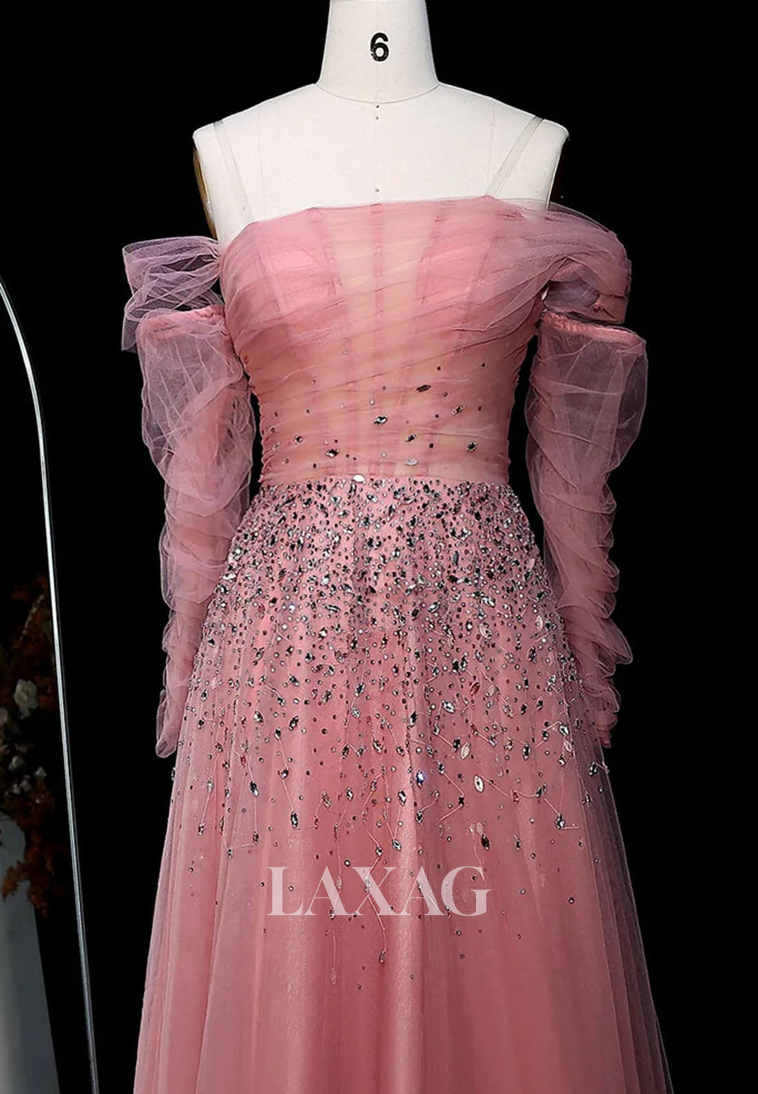 Asymmetrical-Neck Long-Sleeves A-Line Evening Dress Rhinestone Beaded Pleated Tulle Formal Gowns