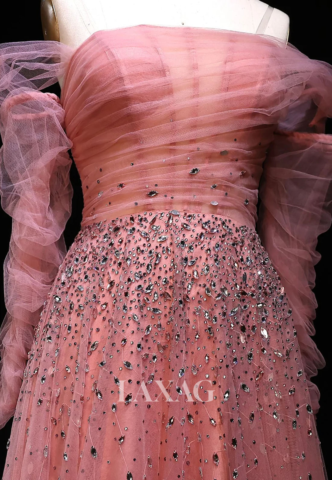 Asymmetrical-Neck Long-Sleeves A-Line Evening Dress Rhinestone Beaded Pleated Tulle Formal Gowns