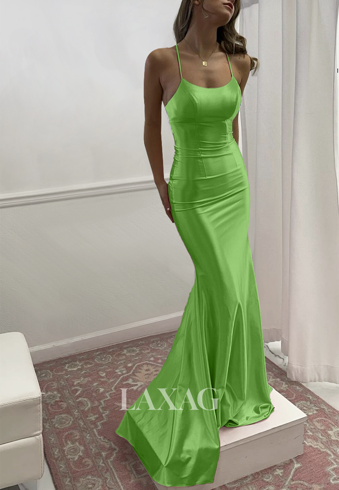 Simple Scoop-Neck Spaghetti Straps Sleeveless Pleated Mermaid Prom Dress with Sweep Train