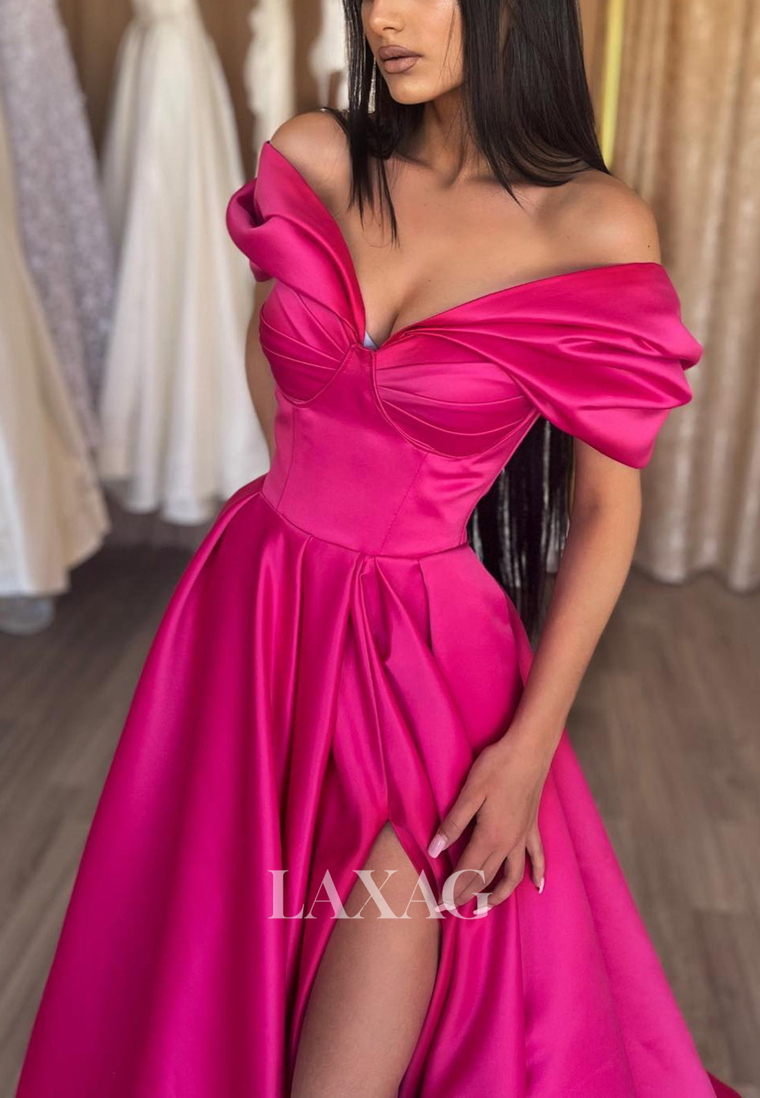 19741 - A Line Off Shoulder Satin Ruched Long Formal Prom Dress with Slit