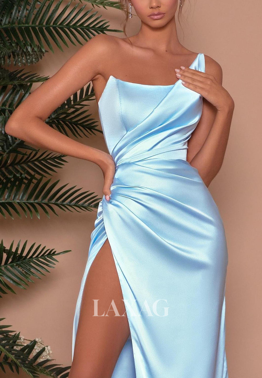 12706 - Strapless Pleated Blue Prom Evening Dress With High Split