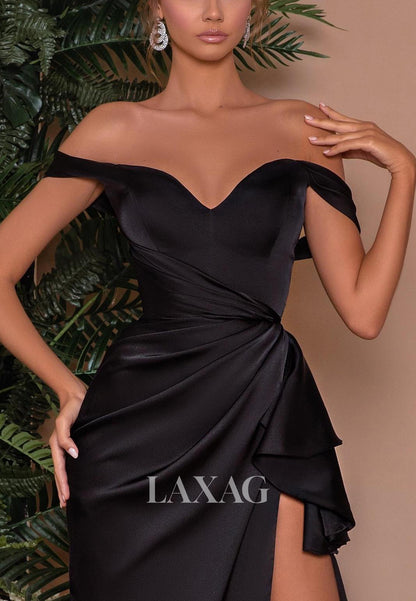 12740 - Off Shoulder Black Ruched Evening Prom Dress With Slit