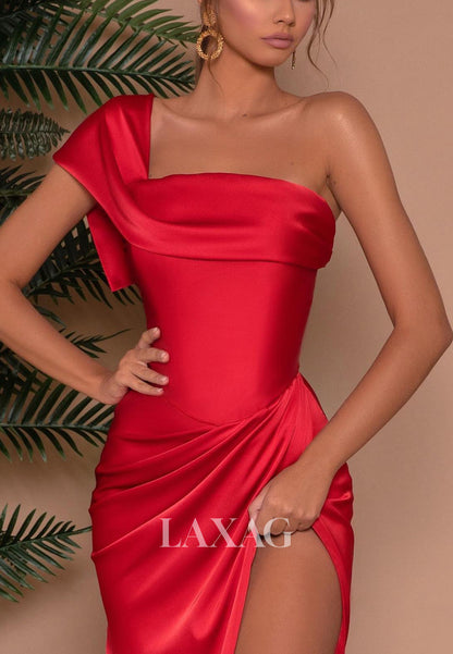 12751 - One Shoulder Open Back Sleeveless Split Sheath Red Prom Dress