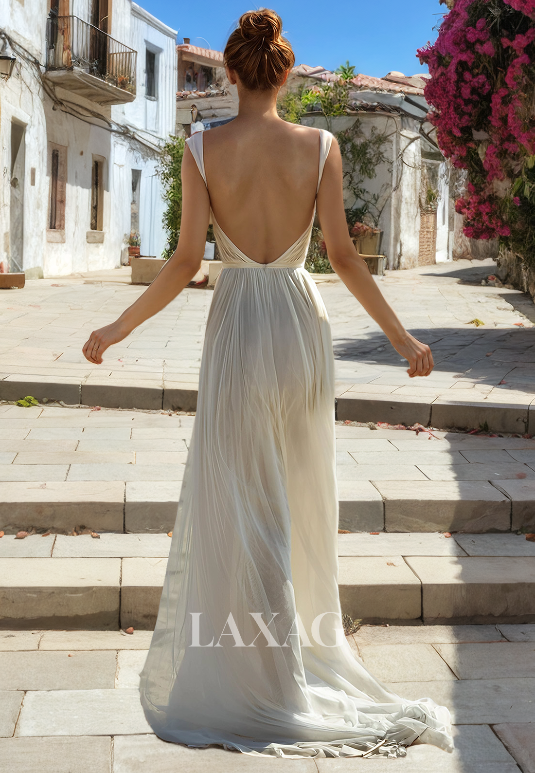 22657 - A-Line Backless Straps Pleated Tulle Elegant Wedding Dress