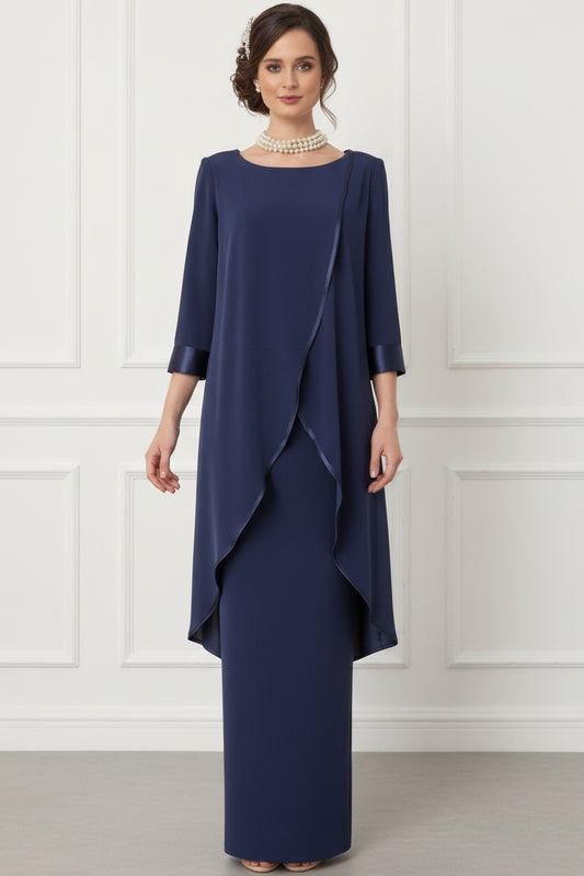 Scoop-Neck 3/4-Sleeves Beaded Chiffon Pleated Fitted Mother of the Bride Dress