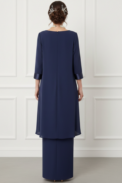 Scoop-Neck 3/4-Sleeves Beaded Chiffon Pleated Fitted Mother of the Bride Dress