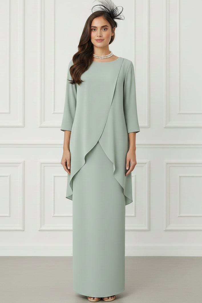 Scoop-Neck 3/4-Sleeves Beaded Chiffon Pleated Fitted Mother of the Bride Dress