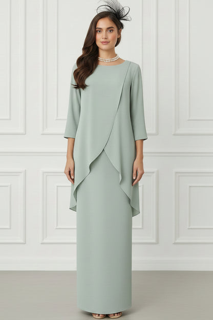 Scoop-Neck 3/4-Sleeves Beaded Chiffon Pleated Fitted Mother of the Bride Dress