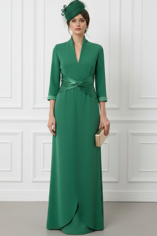 V-Neck 3/4-Sleeves Chiffon Pleated Floor-Length Fitted Mother of the Bride Dress