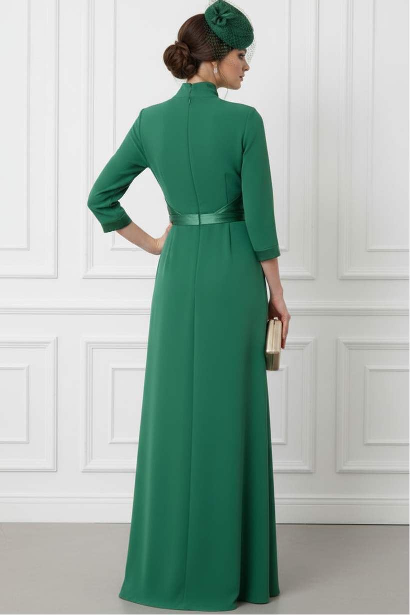 V-Neck 3/4-Sleeves Chiffon Pleated Floor-Length Fitted Mother of the Bride Dress