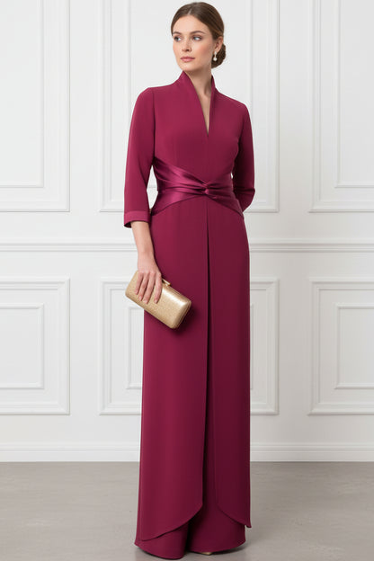 V-Neck 3/4-Sleeves Chiffon Pleated Floor-Length Fitted Mother of the Bride Dress