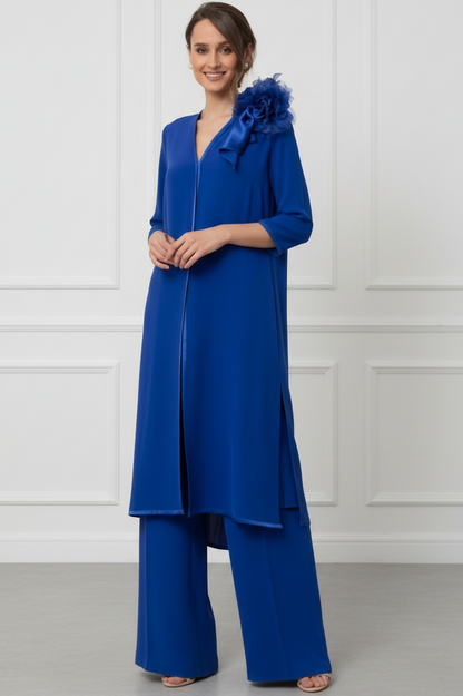 V-Neck Half-Sleeves 3D-Floral Chiffon Pleated Mother of the Bride Jumpsuit