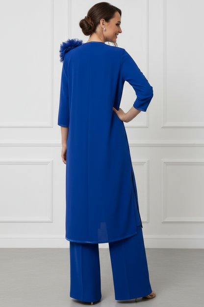 V-Neck Half-Sleeves 3D-Floral Chiffon Pleated Mother of the Bride Jumpsuit