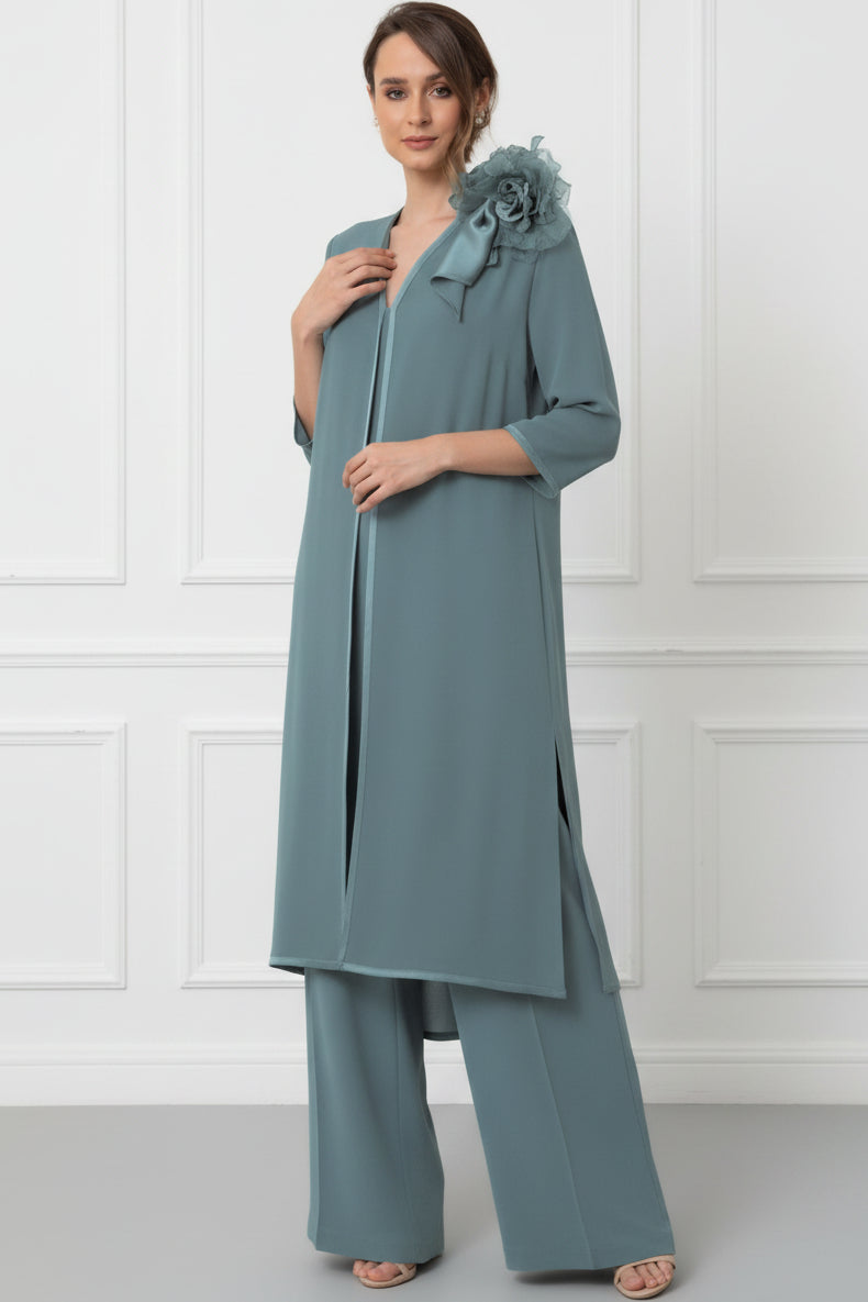 V-Neck Half-Sleeves 3D-Floral Chiffon Pleated Mother of the Bride Jumpsuit