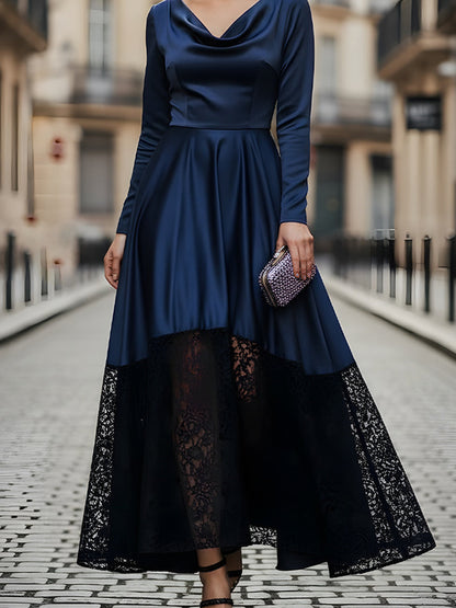 V-Neck Long-Sleeves Floor-Length Satin&Lace Pleated A-Line Formal Evening Dress