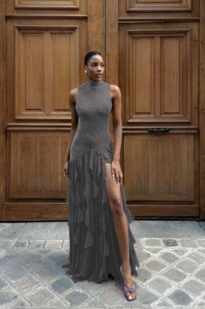 High-Neck Off-Shoulder Beaded Chiffon Pleated Tiered Fitted Prom Dress with High Slit