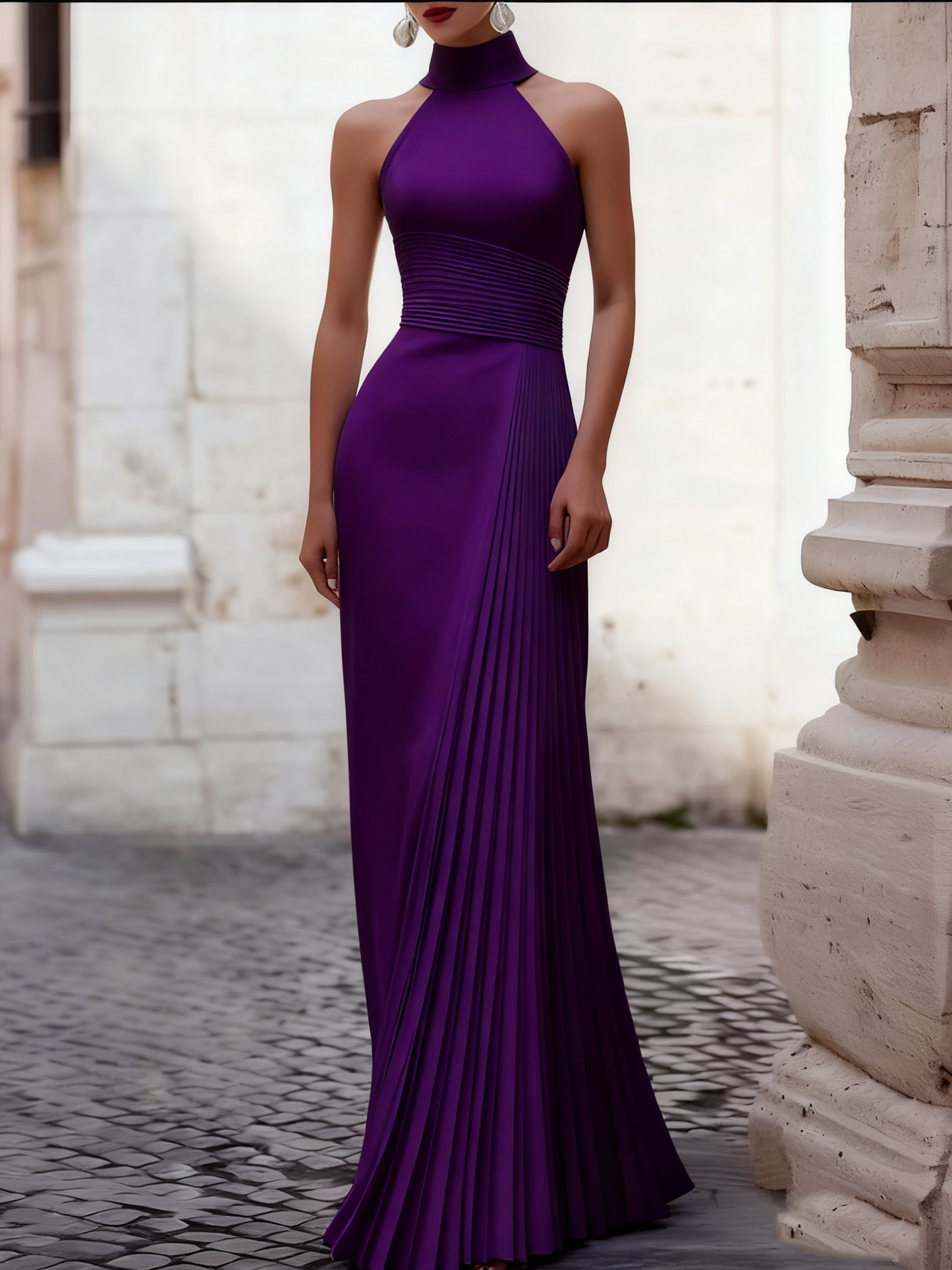 Halter-Neck Sleeveless Satin Pleated Floor-Length Simple Mermaid Evening Dress