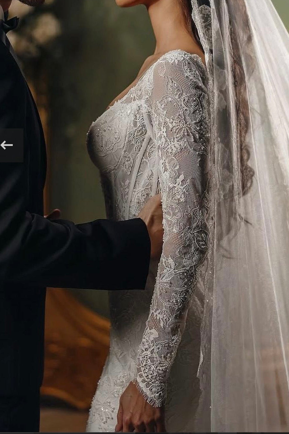 V-Neck Long-Sleeves Fully Sequined Beaded Allover Lace Pleated Mermaid Wedding Dress