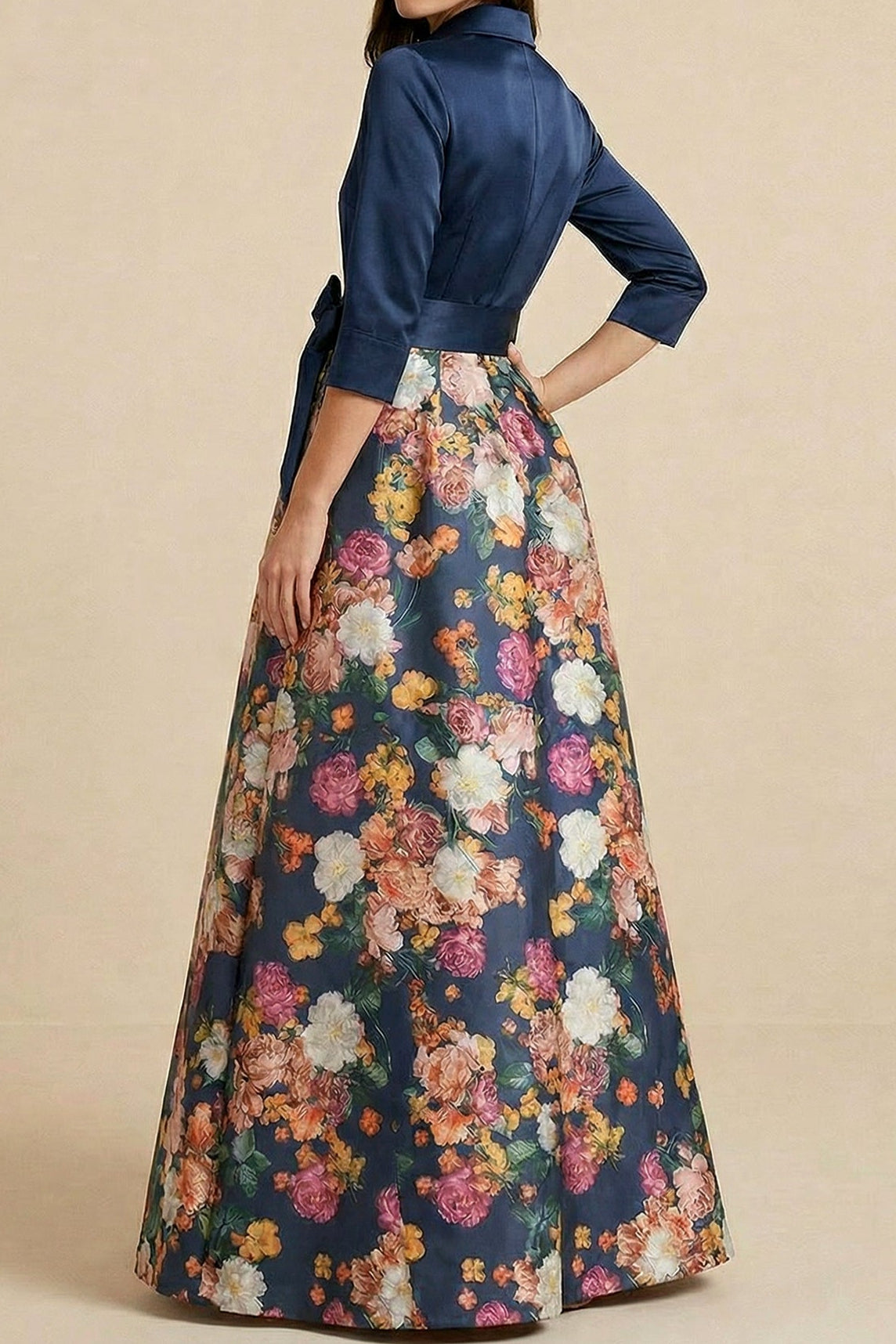 A-Line Collared 3/4-Sleeves Print-Satin Pleated Floor-Length Formal Cocktail Dress