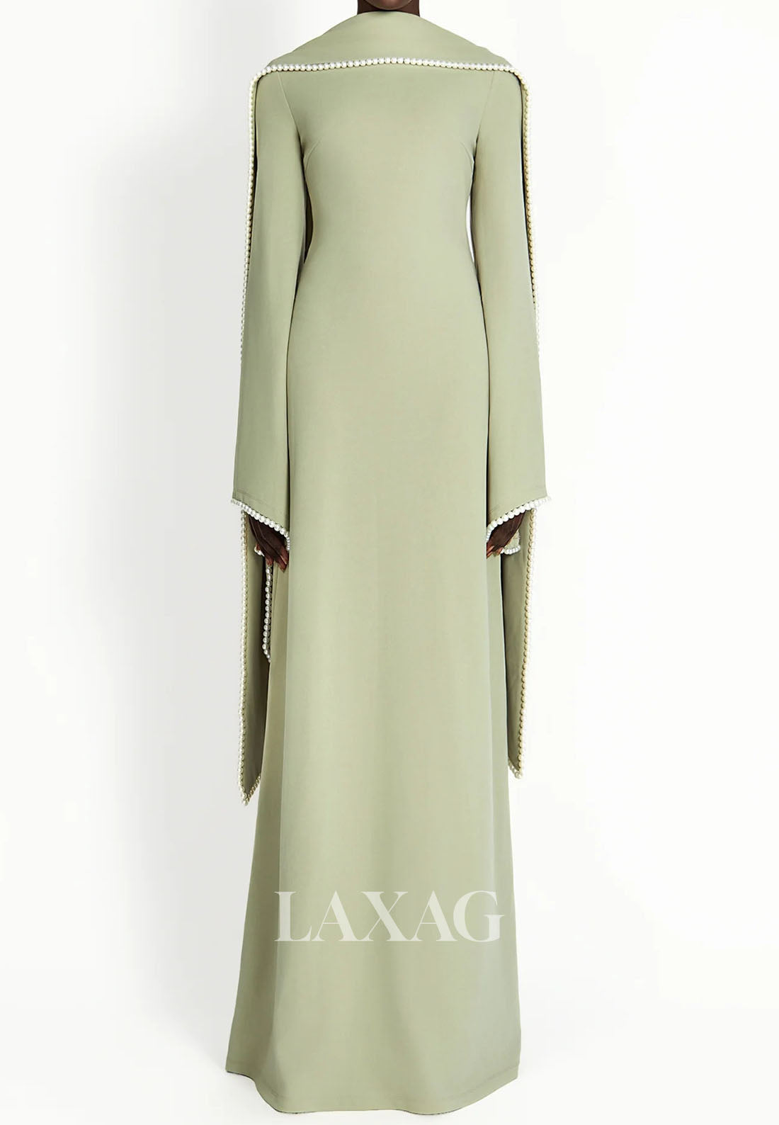 Scoop-Neck Long-Sleeves Pearls Satin Floor-Length Simple Fitted Formal Evening Dress with Overlay