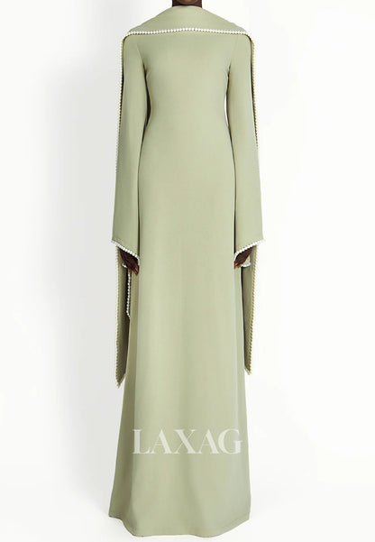 Scoop-Neck Long-Sleeves Pearls Satin Floor-Length Simple Fitted Formal Evening Dress with Overlay