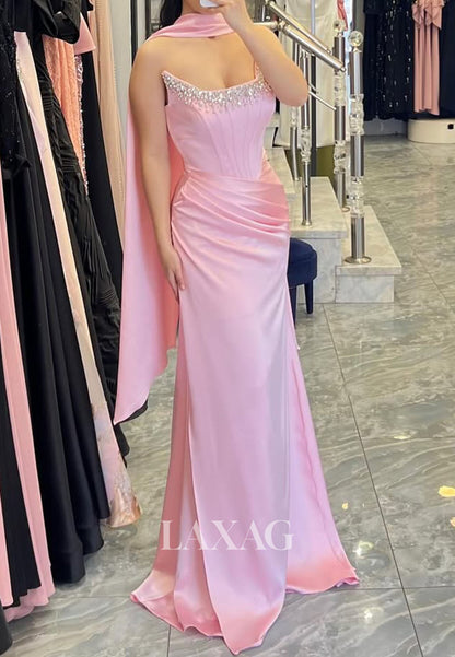 Scoop-Neck Off-Shoulder Sleeveless Formal Gowns  Floor-Length Beaded Satin Mermaid Evening Dress