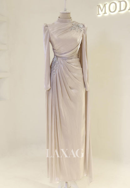 High-Neck Long-Sleeves Rhinestone Beaded Chiffon Pleated Floor-Length Fitted Evening Dress