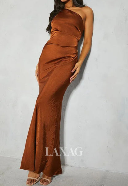 Asymmetrical-Neck Off-Shoulder Sleeveless Floor-Length Satin Simple Mermaid Formal Evening Dress