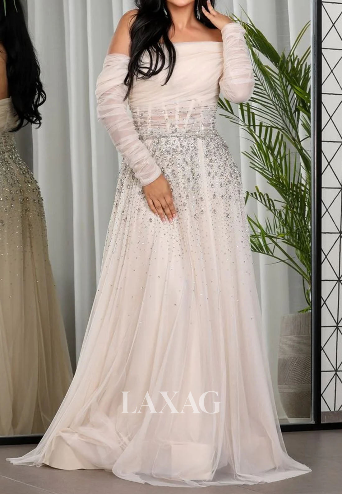 Asymmetrical-Neck Long-Sleeves A-Line Evening Dress Rhinestone Beaded Pleated Tulle Formal Gowns