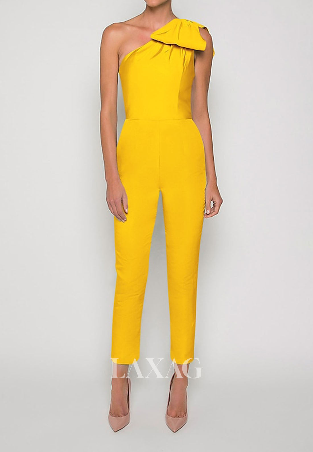 Asymmetrical-Neck One-Strap Sleeveless Satin Pleated Jumpsuit with Detachable Overskirt