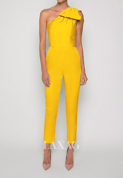 Asymmetrical-Neck One-Strap Sleeveless Satin Pleated Jumpsuit with Detachable Overskirt